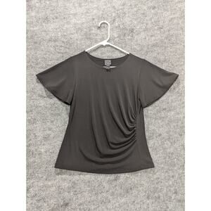 Clara Sun Woo Women's Black Side Ruched Blouse Stretch Short Sleeve Size XS
